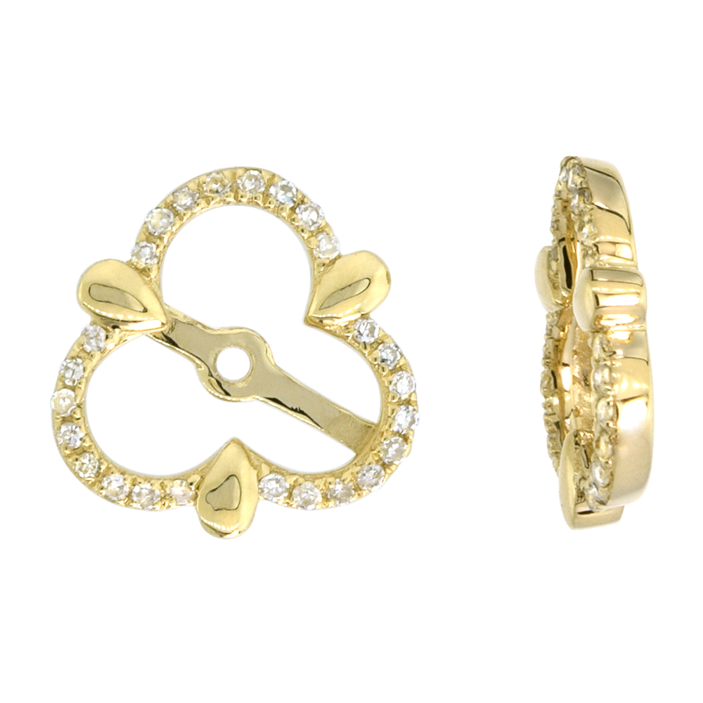 14K YELLOW GOLD REMOVABLE DIAMOND HALO JACKET FOR STUD EARRINGS TREFOIL 7/16 INCH WIDE, 0.2 CTTW
