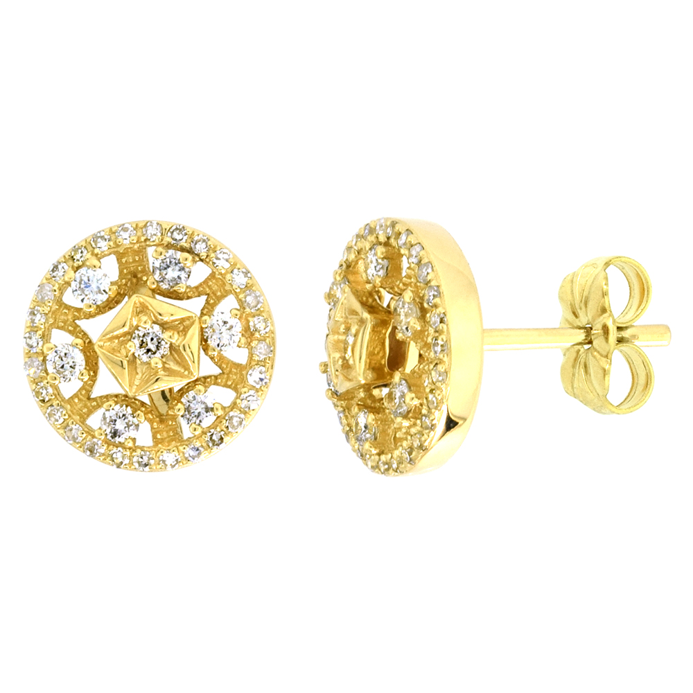 14K YELLOW GOLD DIAMOND STUD EARRINGS STAR-SHAPED & DIAMOND HALO JACKET ROUND 3/8 INCH WIDE 4 PIECE SET