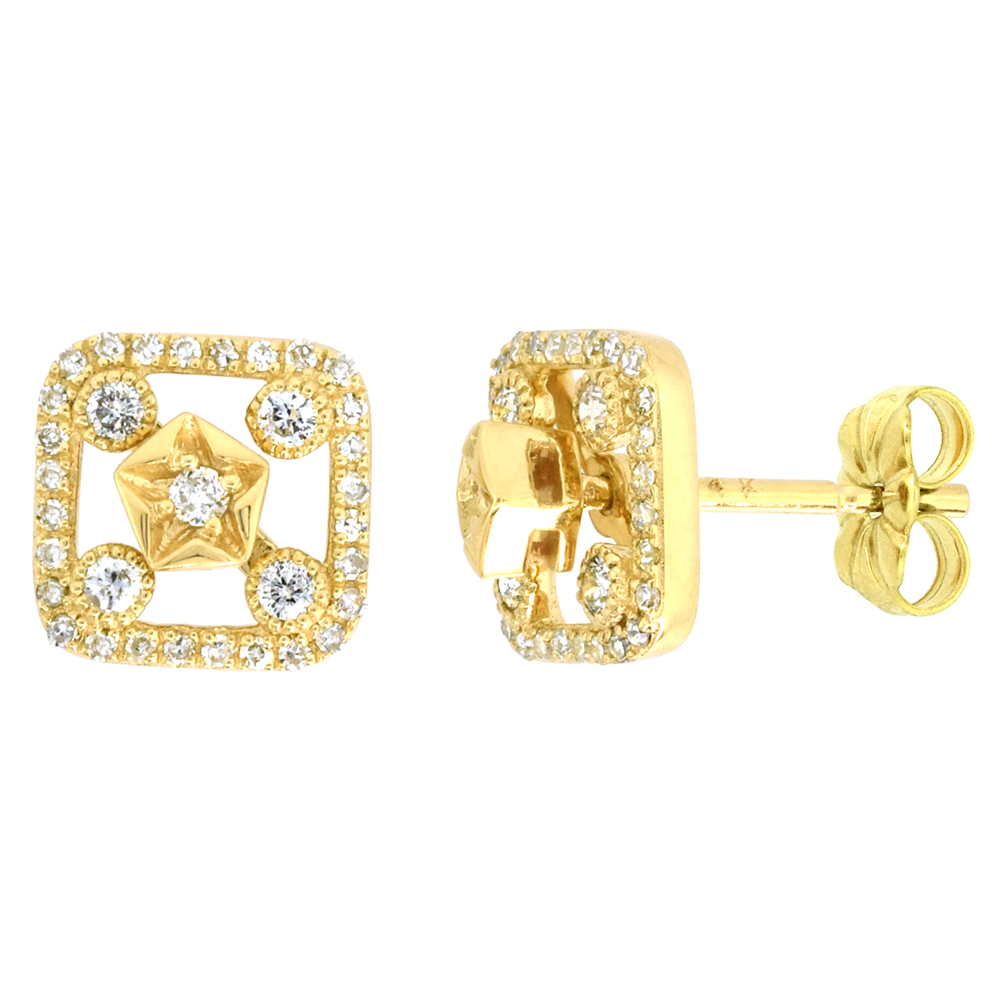 14K YELLOW GOLD DIAMOND STUD EARRINGS STAR-SHAPED & DIAMOND HALO JACKET SQUARE 3/8 INCH WIDE 4 PIECE SET