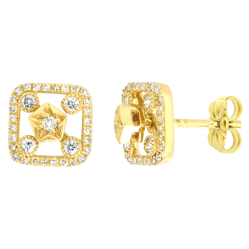 14k Yellow Gold Diamond Stud Earrings Star-shaped & Diamond Halo Jacket Square 3/8 inch wide 4 Piece Set