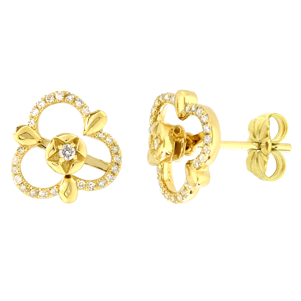 14K YELLOW GOLD DIAMOND STUD EARRINGS STAR-SHAPED & DIAMOND HALO JACKET TREFOIL 7/16 INCH WIDE 4 PIECESET