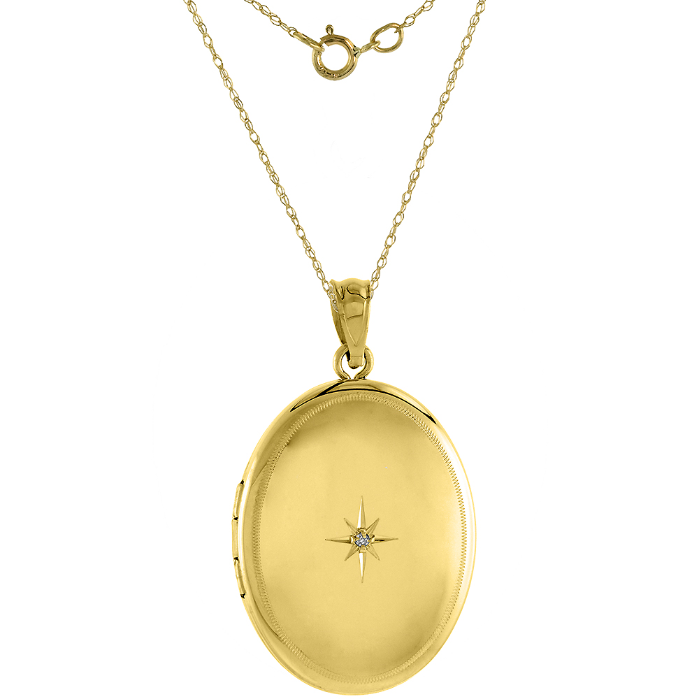 3/4-INCH 14K GOLD DIAMOND OVAL LOCKET NECKLACE STARBURST SET POLISHED FINISH