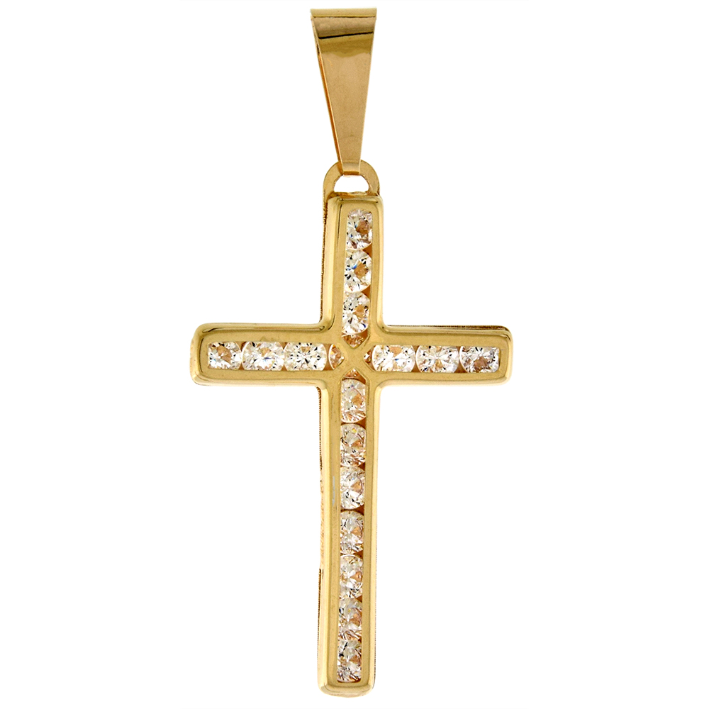 1 INCH (26MM) TALL GENUINE 14K YELLOW GOLD CUBIC ZIRCONIA CROSS PENDANT FOR WOMEN & MEN NO CHAIN