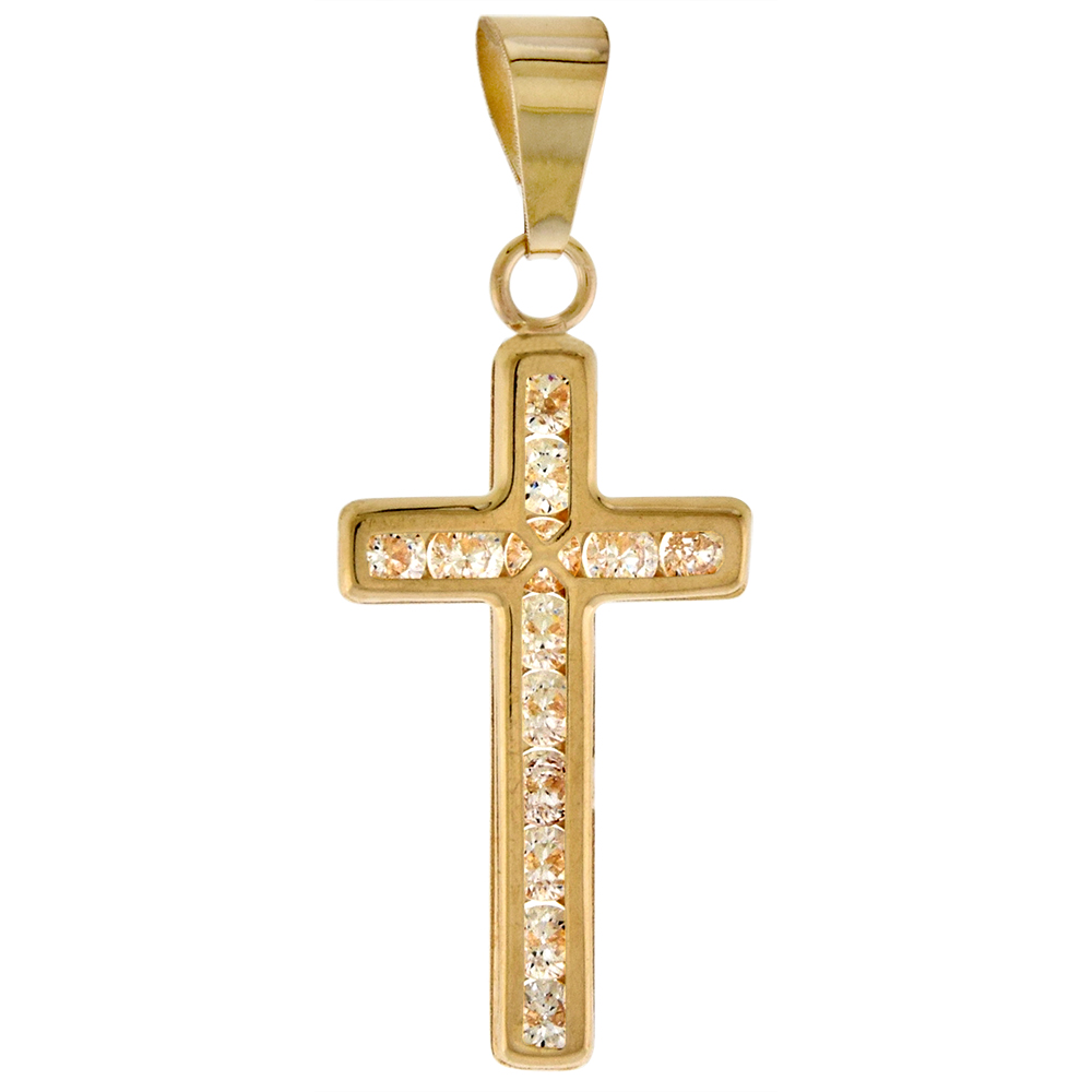 7/8 inch (22mm) tall Genuine 14K Yellow Gold Cubic Zirconia Cross Pendant for Women &amp; Men NO Chain