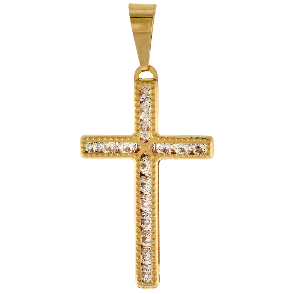 1 INCH (26MM) TALL GENUINE 14K YELLOW GOLD CUBIC ZIRCONIA CROSS PENDANT FOR WOMEN & MEN BEADED EDGES NO CHAIN