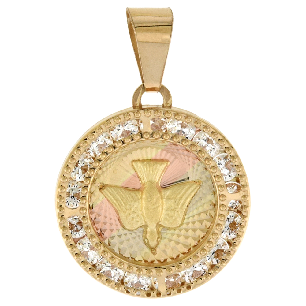 5/8 INCH (15MM) ROUND GENUINE 14K 3-COLOR GOLD CUBIC ZIRCONIA DESCENDING DOVE HOLY SPIRIT PENDANT FOR WOMEN & MEN DIAMOND CUT BACK NO CHAIN