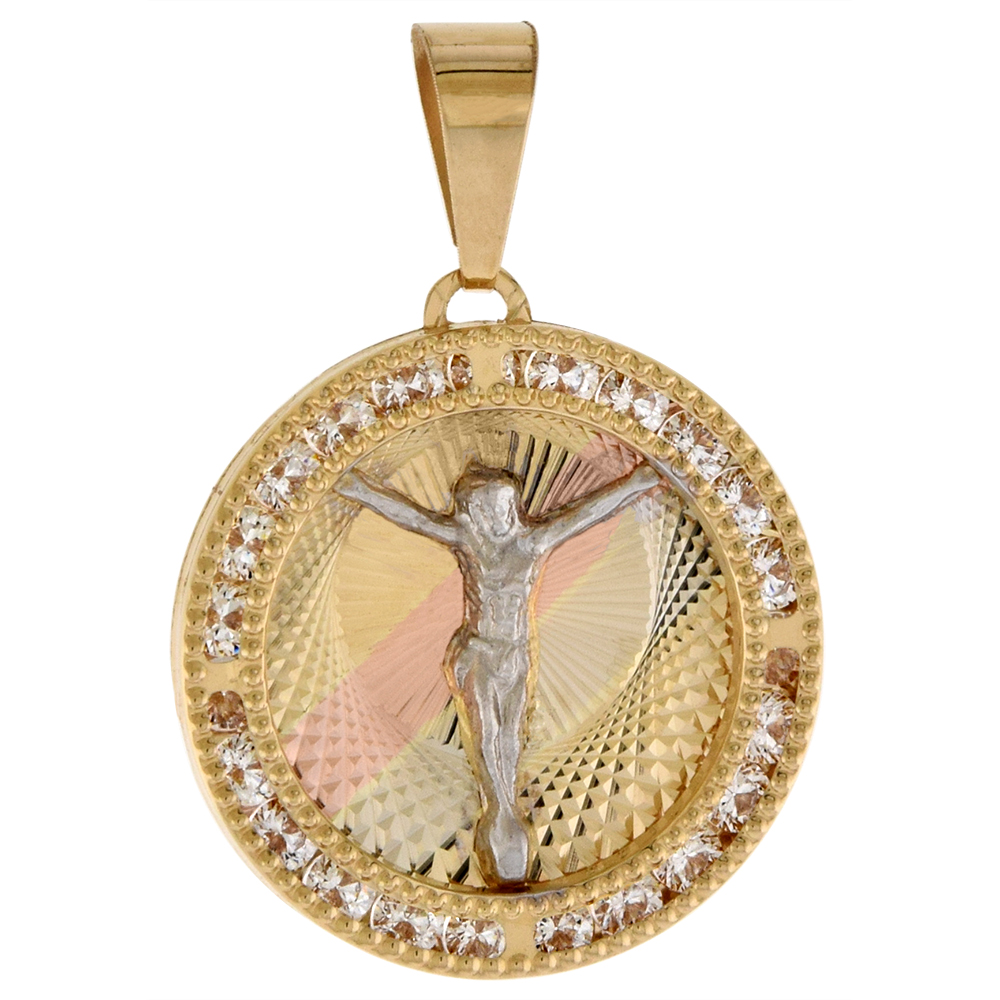 3/4 INCH (20MM) ROUND GENUINE 14K 3-COLOR GOLD CUBIC ZIRCONIA BODY OF CHRIST PENDANT FOR WOMEN & MEN DIAMOND CUT BACK NO CHAIN