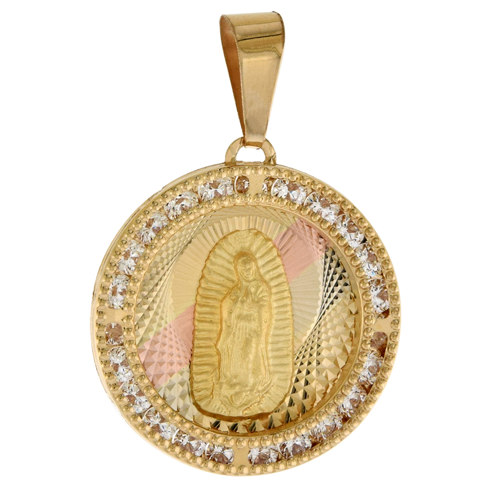 5/8 INCH (15MM) ROUND GENUINE 14K 3-COLOR GOLD CUBIC ZIRCONIA GUADALUPE PENDANT FOR WOMEN & MEN DIAMOND CUT BACK NO CHAIN