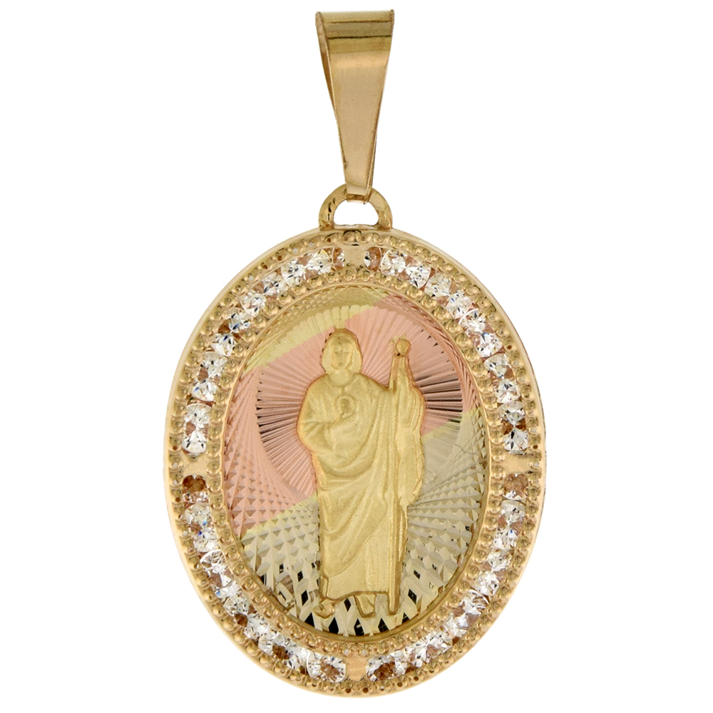 7/8 INCH (22MM) OVAL GENUINE 14K 3-COLOR GOLD CUBIC ZIRCONIA ST JUDE PENDANT FOR WOMEN & MEN DIAMOND CUT BACK NO CHAIN