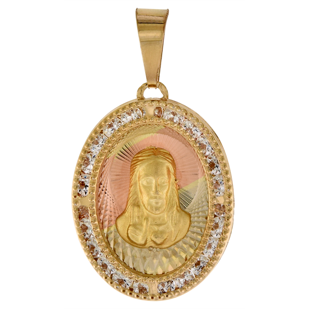7/8 INCH (22MM) OVAL GENUINE 14K 3-COLOR GOLD CUBIC ZIRCONIA SACRED HEART OF JESUS PENDANT FOR WOMEN & MEN DIAMOND CUT BACK NO CHAIN