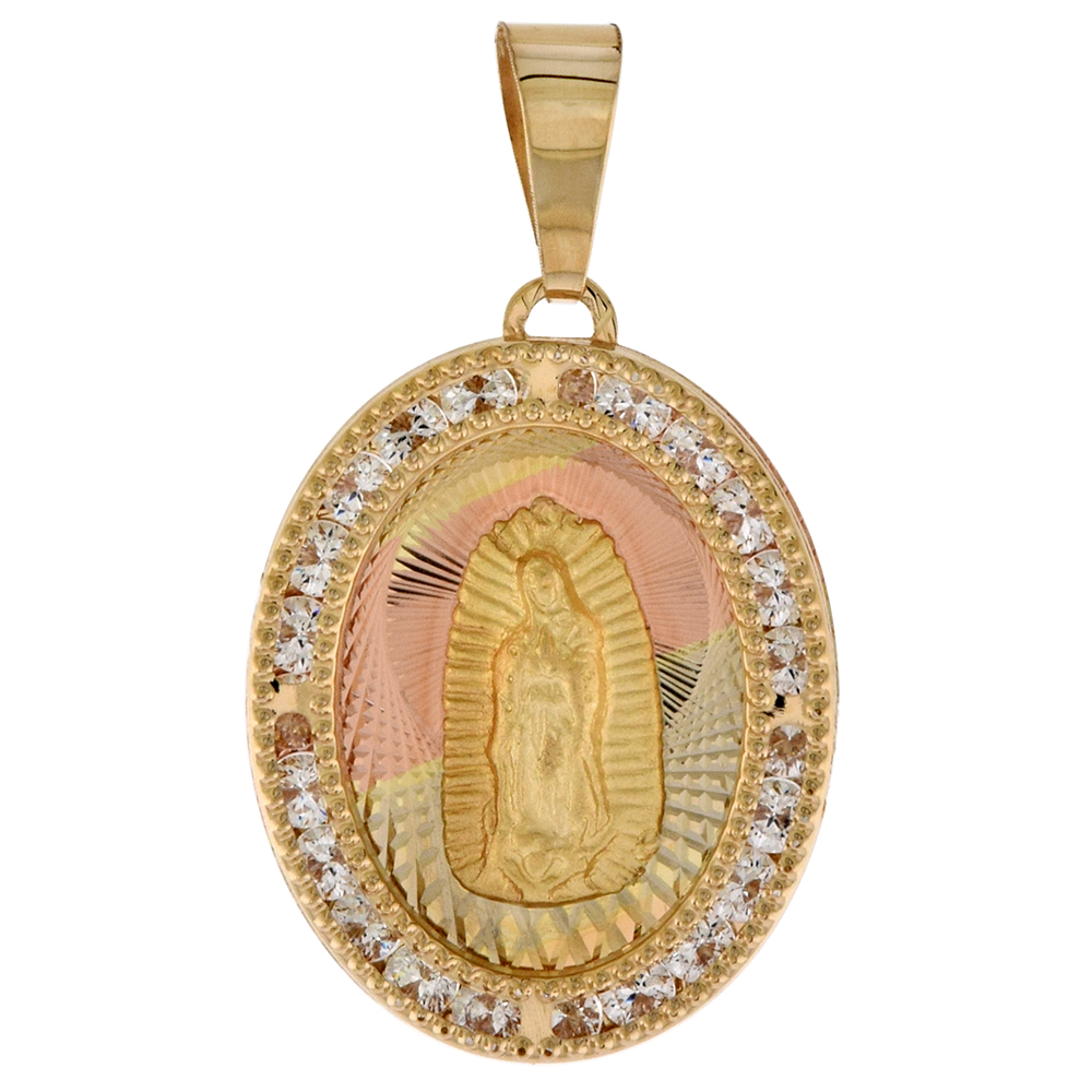 7/8 INCH (22MM) OVAL GENUINE 14K 3-COLOR GOLD CUBIC ZIRCONIA GUADALUPE PENDANT FOR WOMEN & MEN DIAMOND CUT BACK NO CHAIN