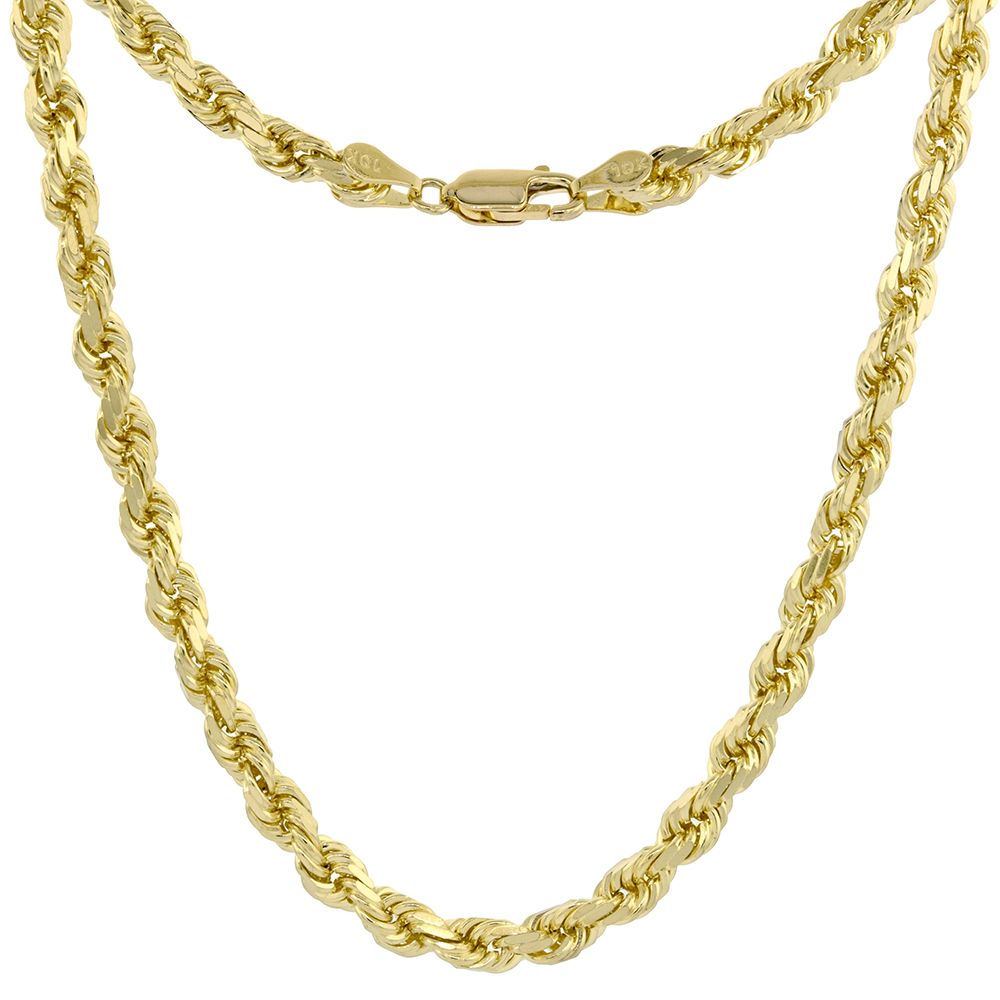 Solid Yellow 14K Gold 5mm Diamond Cut Rope Chain Necklaces &amp; Bracelets for Men 9-30 inches long