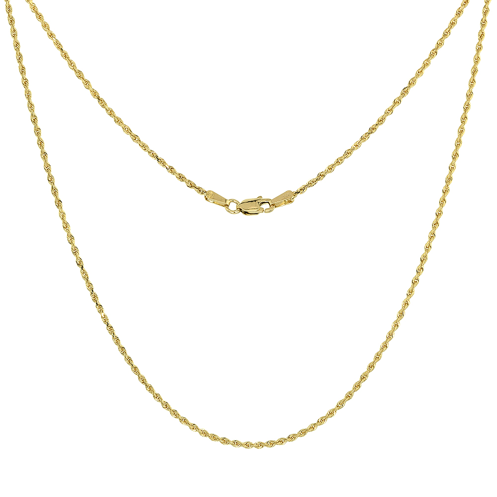 Solid Yellow 14K Gold 1.5mm Diamond Cut Rope Chain Necklaces &amp; Bracelets for Men and Women 7-30 inches long