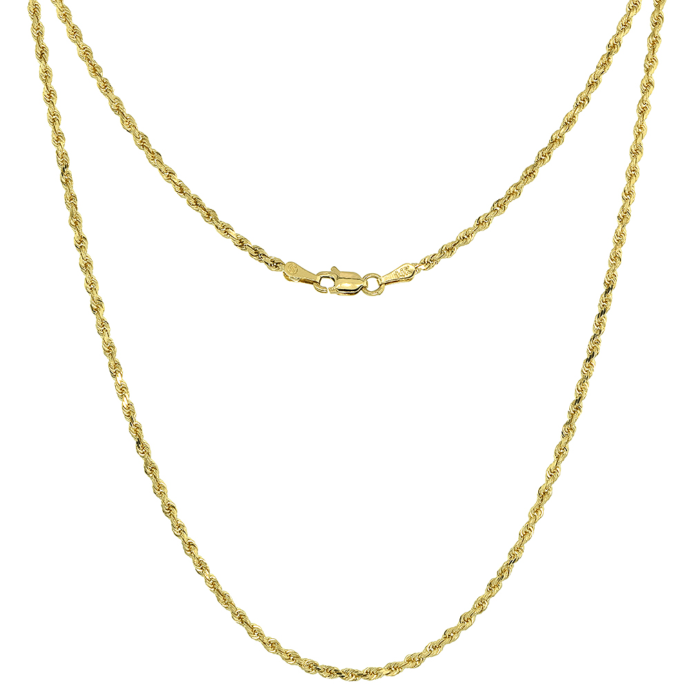 Solid Yellow 14K Gold 2mm Diamond Cut Rope Chain Necklaces &amp; Bracelets for Men and Women 8-30 inches long