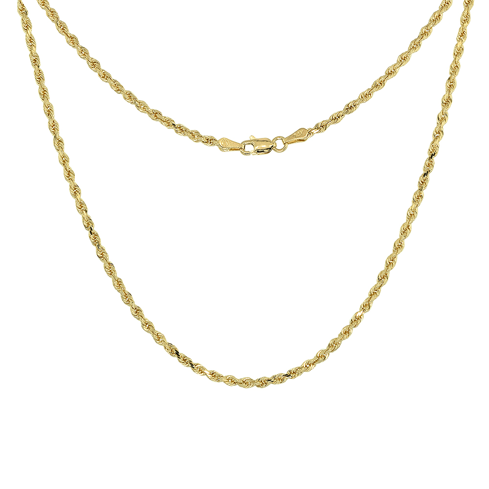 Solid Yellow 14K Gold 2.5mm Diamond Cut Rope Chain Necklaces for Men and Women 18-30 inches long