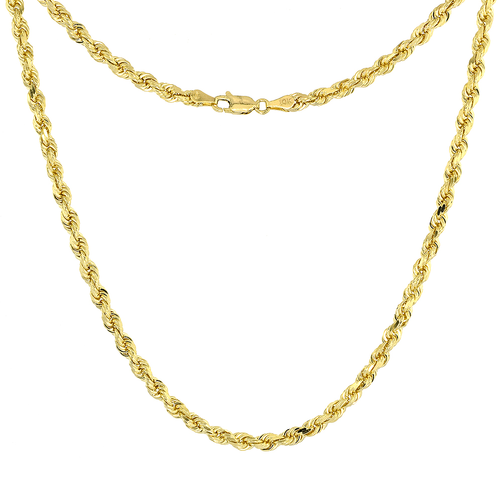 Solid Yellow 14K Gold 4mm Diamond Cut Rope Chain Necklaces &amp; Bracelets for Men and Women 8-30 inches long