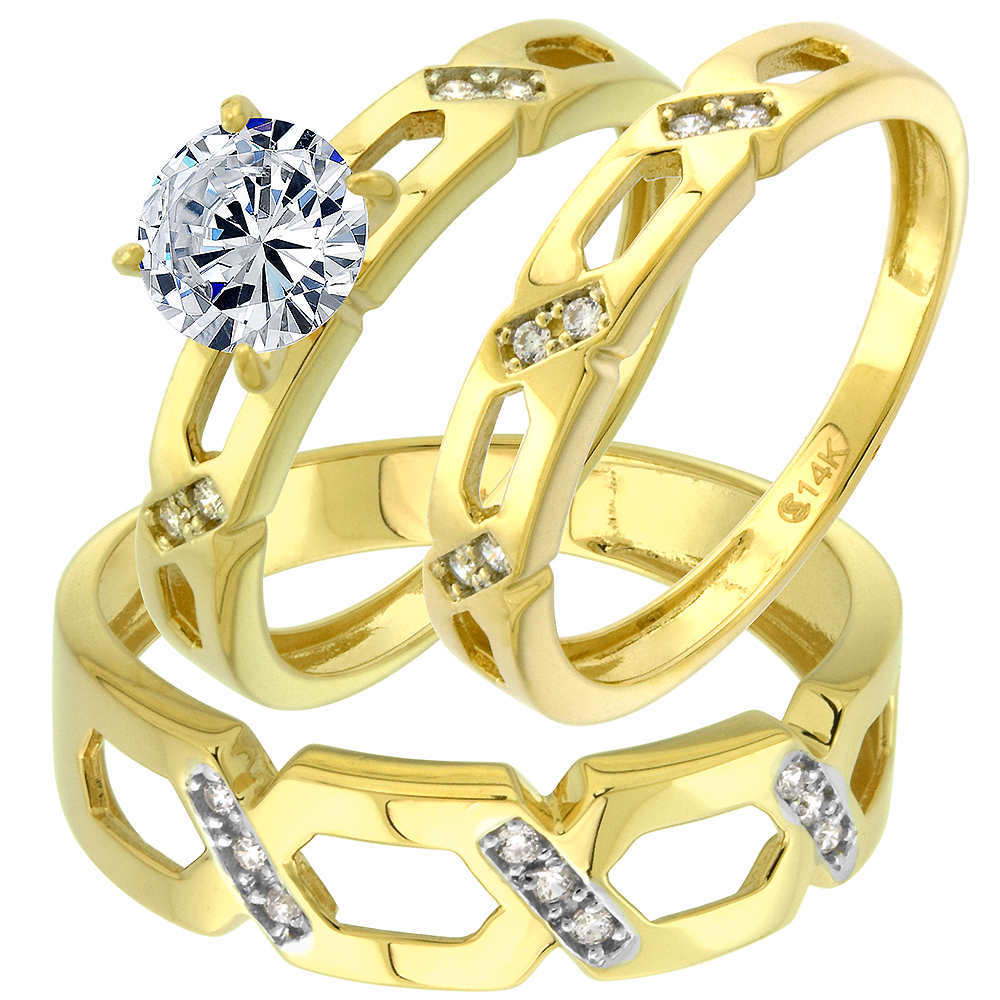 14k Yellow Gold Cubic Zirconia Trio Wedding Ring Set 3 Piece CrissCross Round Brilliant cut 7mm,size 5-10