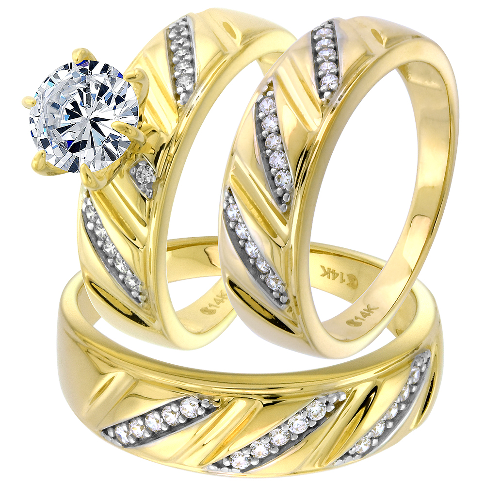 14k Yellow Gold CZ Trio Engagement Wedding Ring Set 3 Piece Round Brilliant cut 7mm L 5-10, M 8-14