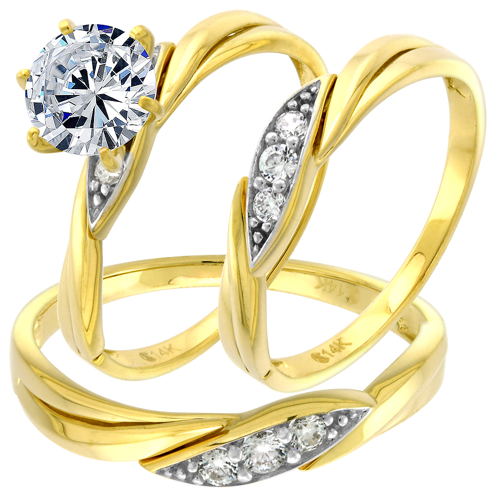 14k Yellow Gold CZ Trio Engagement Wedding Ring Set 3 Piece Round Brilliant cut 7mm L 5-10, M 8-14