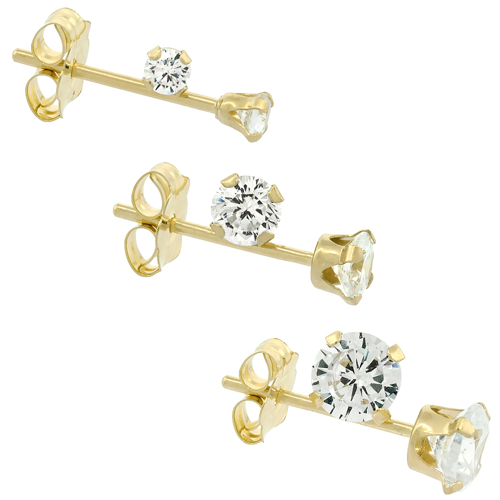 3-PAIR SET 14K YELLOW GOLD 2 3 AND 4MM CUBIC ZIRCONIA EARRINGS STUDS CARTILAGE