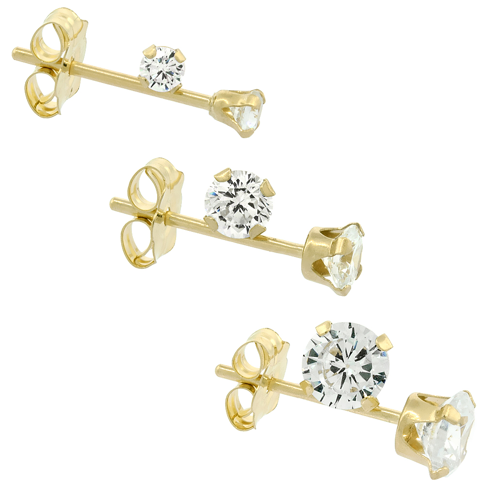 3-Pair Set 14k Yellow Gold 2 3 and 4mm Cubic Zirconia Earrings Studs Cartilage