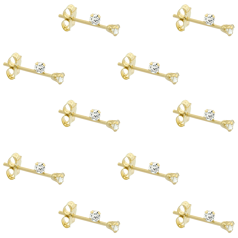 10-PAIR SET 14K YELLOW GOLD TINY 2MM CUBIC ZIRCONIA EARRINGS STUDS CARTILAGE NOSE 4 PRONG 0.06 CT/PR