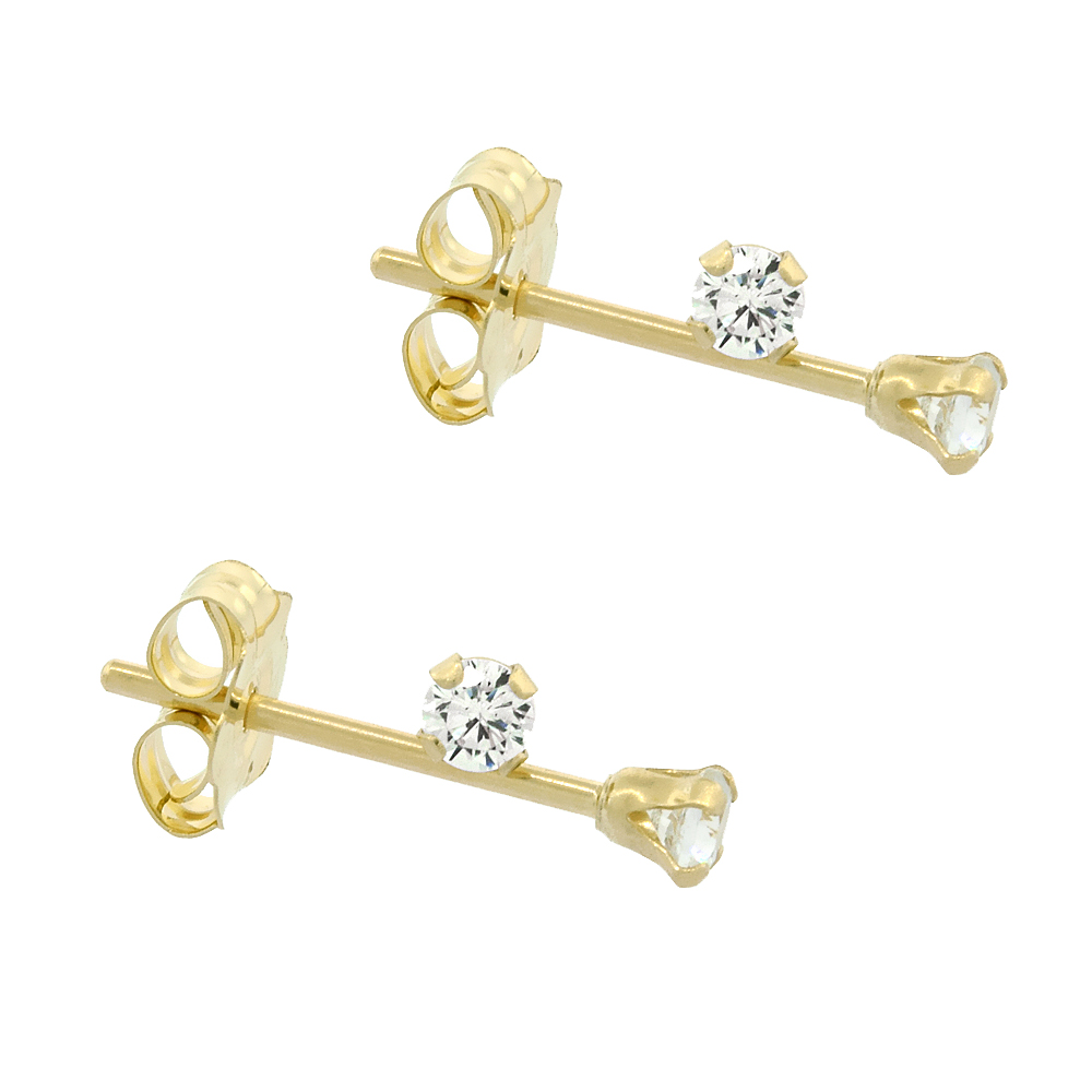 2-Pair Pack 14k Yellow Gold Tiny 2mm Cubic Zirconia Earrings Studs Cartilage Nose 4 prong 0.06 ct/pr