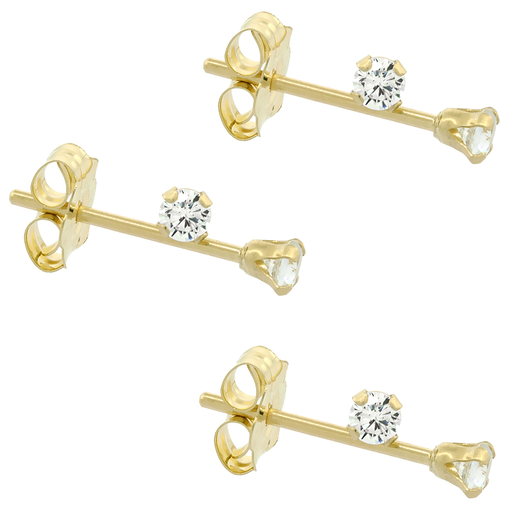 3-Pair Pack 14k Yellow Gold Tiny 2mm Cubic Zirconia Earrings Studs Cartilage Nose 4 prong 0.06 ct/pr