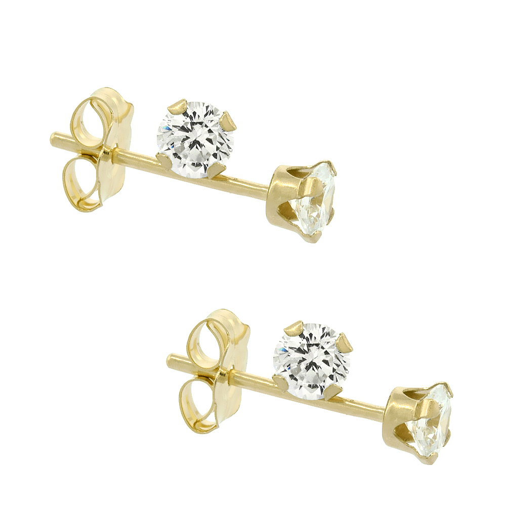 2-Pair Pack 14k Yellow Gold 3mm Cubic Zirconia Earrings Studs Cartilage Nose 4 prong 1/4 ct/pr