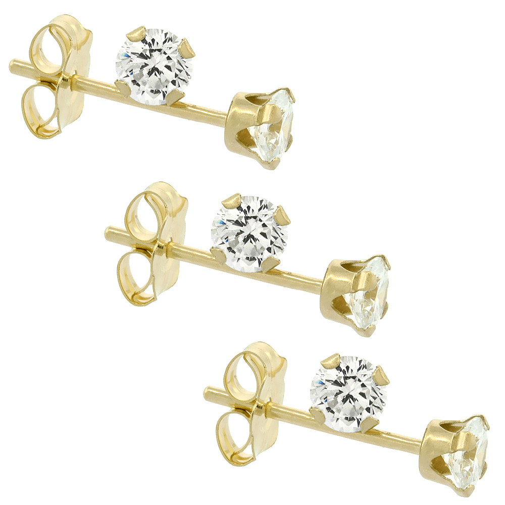 3-Pair Pack 14k Yellow Gold 3mm Cubic Zirconia Earrings Studs Cartilage Nose 4 prong 1/4 ct/pr