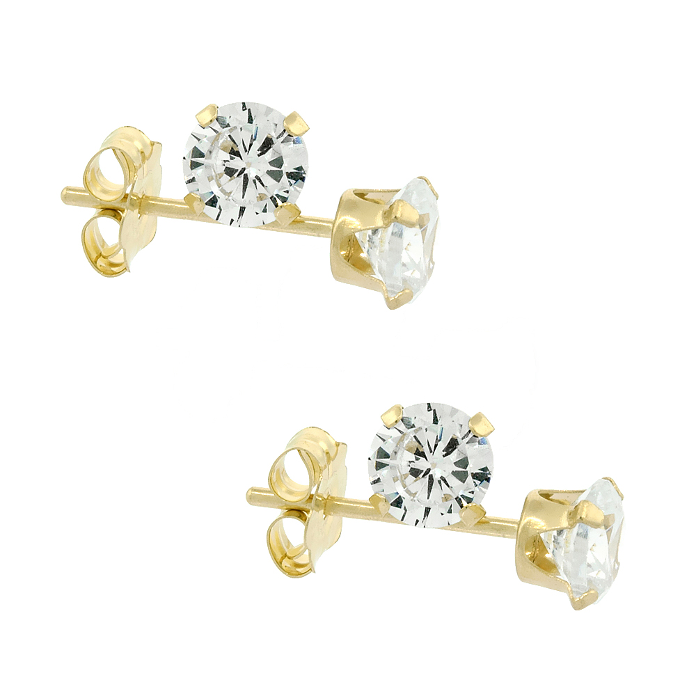 2-Pair Pack 14k Yellow Gold 4mm Cubic Zirconia Earrings Studs Cartilage Nose 4 prong 0.5 ct/pr