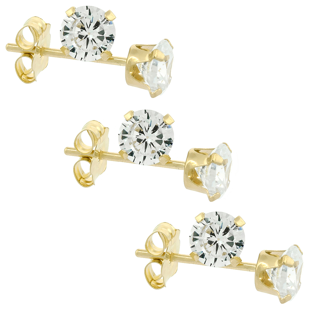3-PAIR PACK 14K YELLOW GOLD 4MM CUBIC ZIRCONIA EARRINGS STUDS CARTILAGE NOSE 4 PRONG 0.5 CT/PR