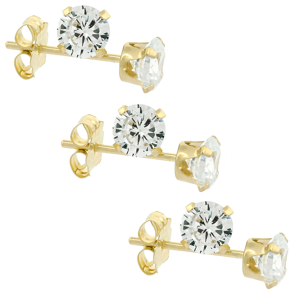 3-Pair Pack 14k Yellow Gold 4mm Cubic Zirconia Earrings Studs Cartilage Nose 4 prong 0.5 ct/pr