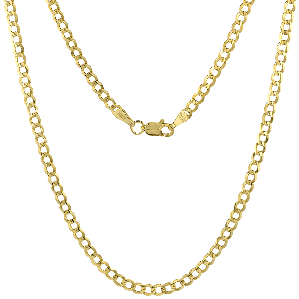 10K Yellow Gold 3mm Cuban Link Curb Chain Necklaces and Bracelets for Women and Men Concaved Beveled Edges sizes 7-30 inch