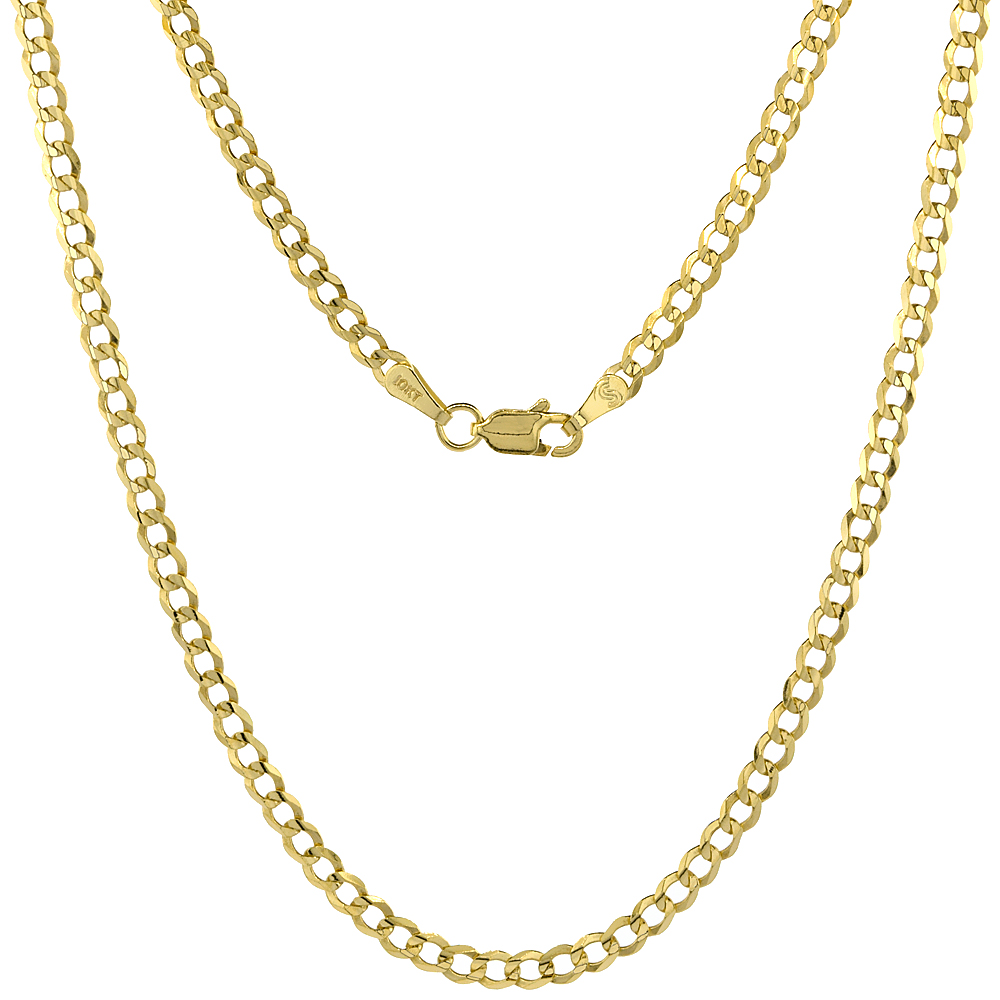 10K Yellow Gold 3mm Cuban Link Curb Chain Necklaces and Bracelets for Women and Men Concaved Beveled Edges sizes 7-30 inch