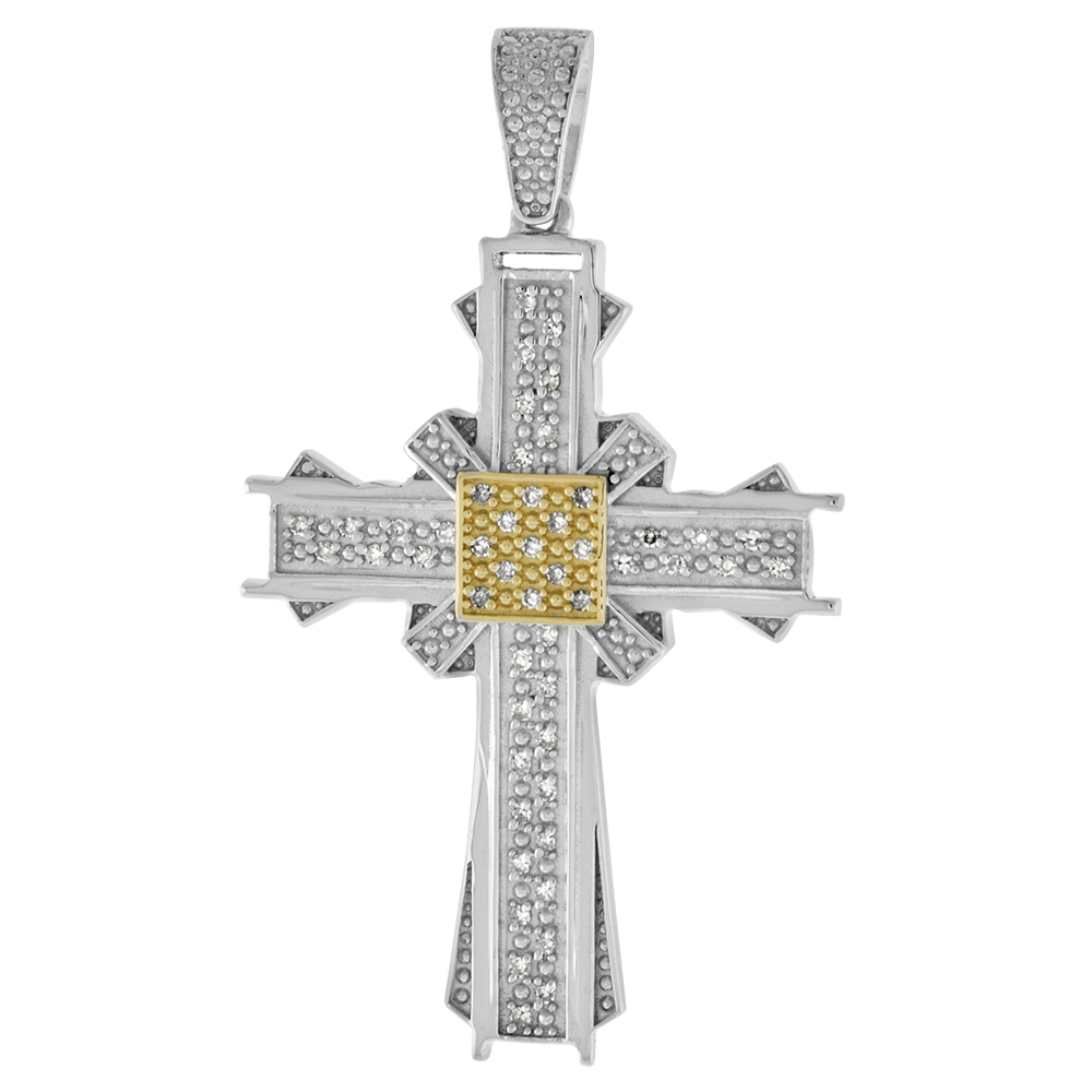 Large 2 inch 10k Gold Diamond Rope Cross Pendant for Men 0.17 ct. Pave Set Two Tone Rhodium Finish