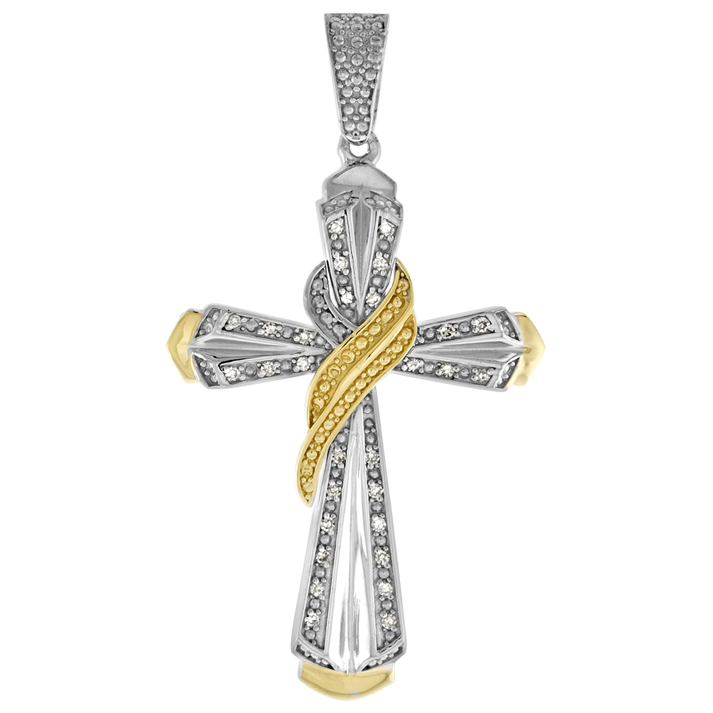 Large 2 inch 10k Gold Diamond Everlasting Cross Pendant for Men 0.17 ct. Pave Set Two Tone Rhodium Finish