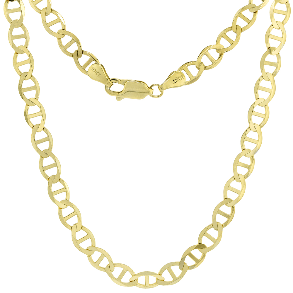 SOLID 10K YELLOW GOLD ULTRA FLAT 5MM MARINER CHAIN NECKLACES AND BRACELETS FOR MEN & WOMEN LOBSTER CLASP HIGH POLISH 8-26 INCH