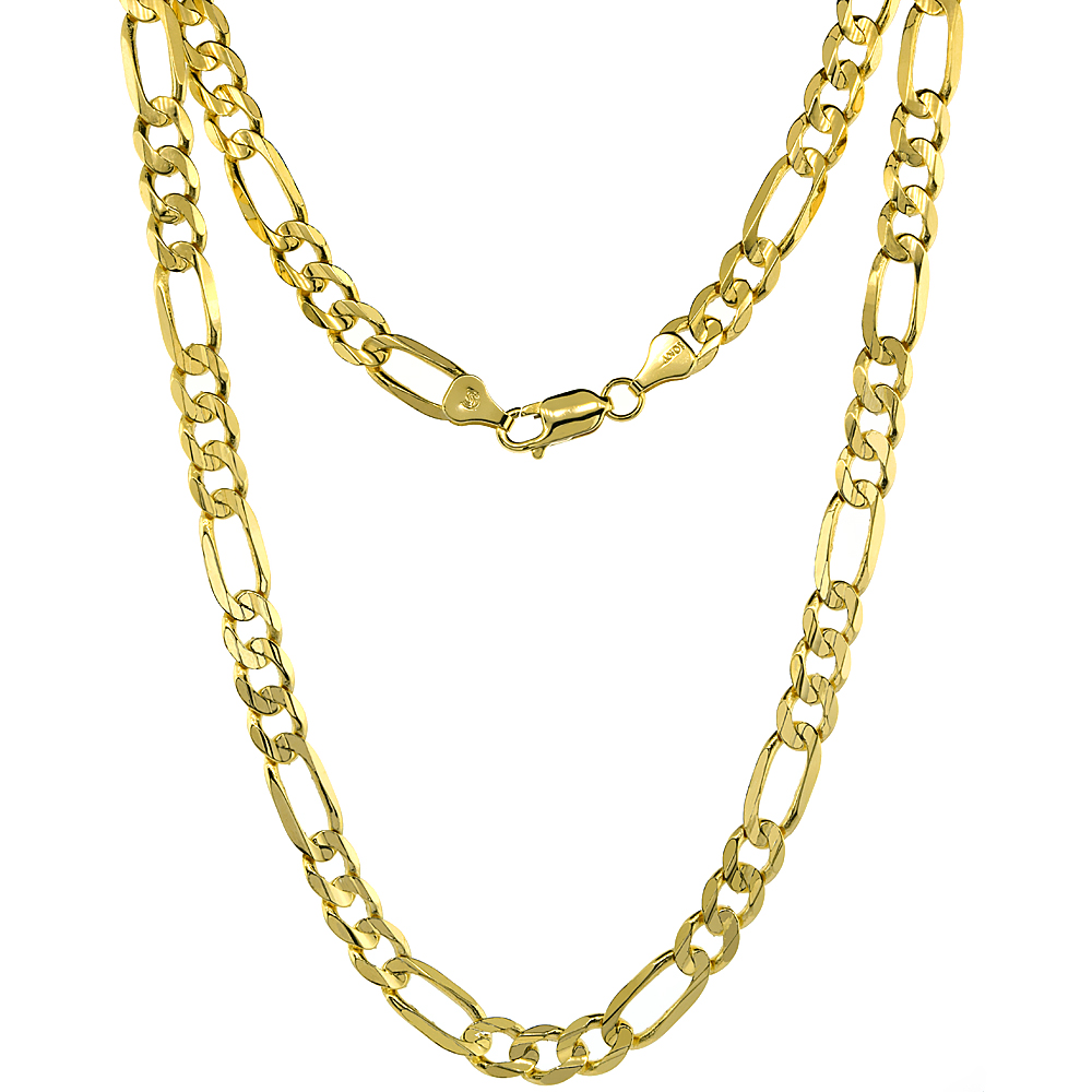 Solid Yellow 10K Gold 7mm Figaro Chain Necklace for Men and Women Concave High Polished 20 - 30 inch