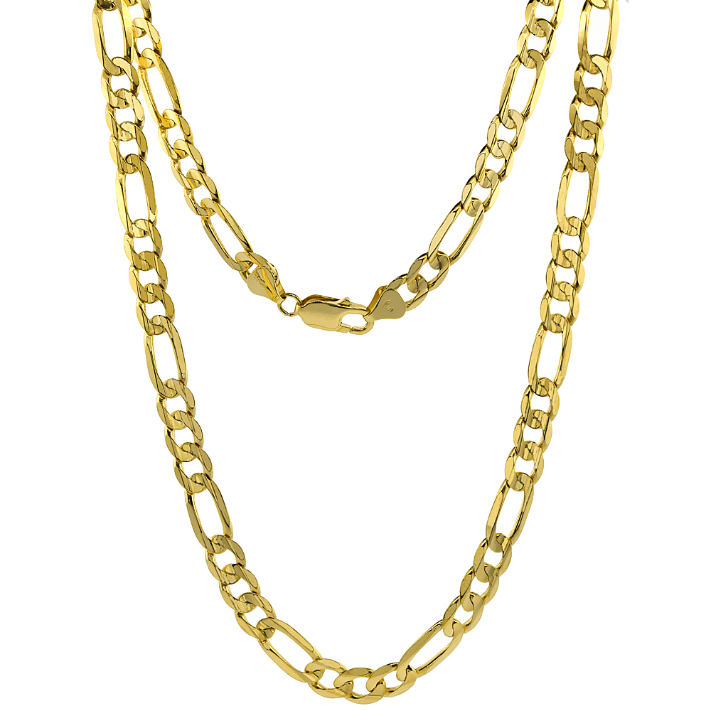 Solid Yellow 10K Gold 7.5mm Figaro Chain Necklace for Men and Women Concave High Polished 22 - 30 inch