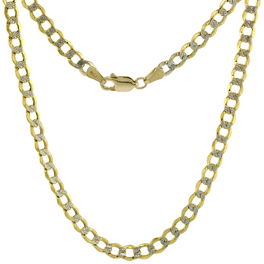 GENUINE 10K GOLD HOLLOW WHITE PAVE TWO TONE 4.5MM CUBAN LINK CURB CHAIN NECKLACE FOR MEN & WOMEN LOBSTER CLASP 18-30 INCH