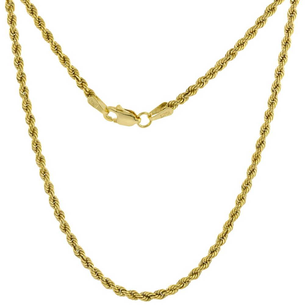 Genuine 10k Gold 2mm Hollow Rope Chain Necklaces and Bracelets for Men and Women 7-30 inch