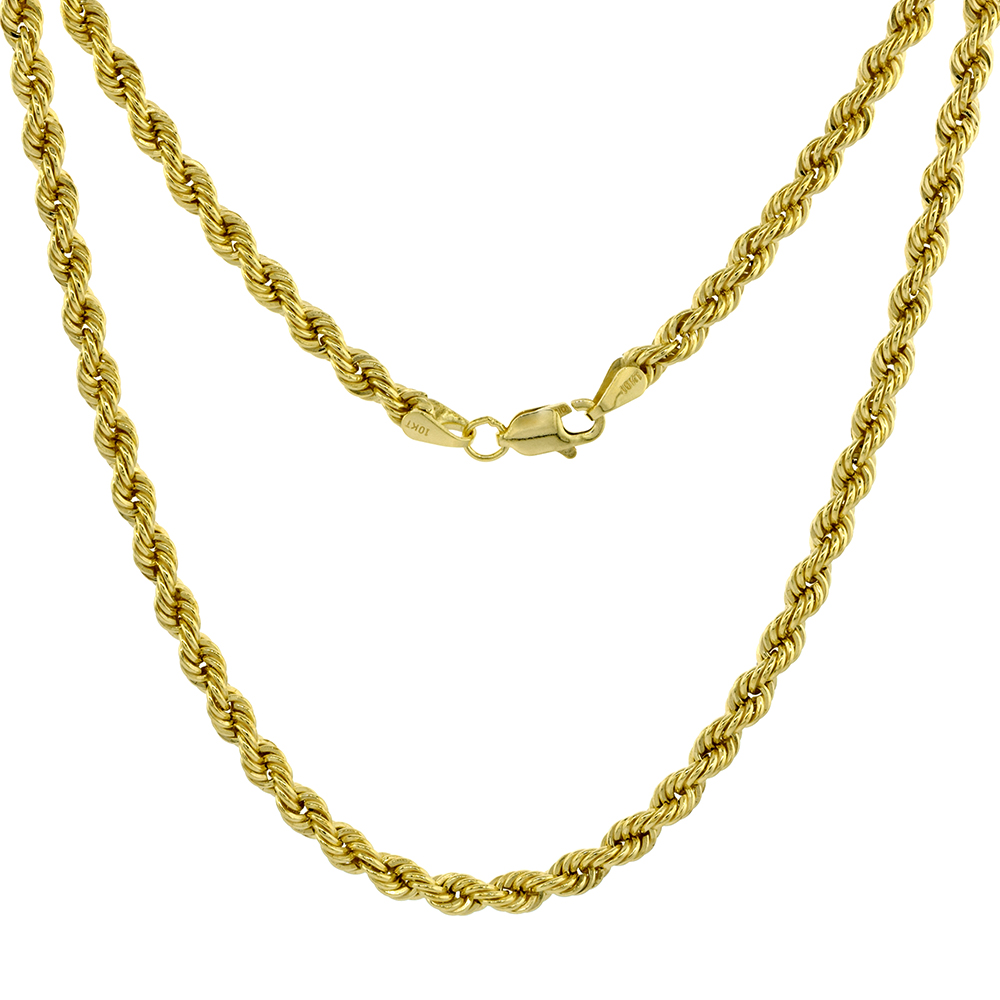 Genuine 10k Gold 3.5mm Hollow Rope Chain Necklaces and Bracelets for Men and Women 7-30 inch