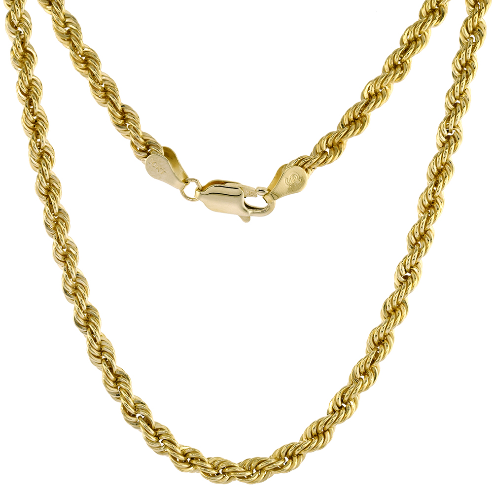 Genuine 10k Gold 4mm Hollow Rope Chain Necklaces and Bracelets for Men and Women 8-30 inch