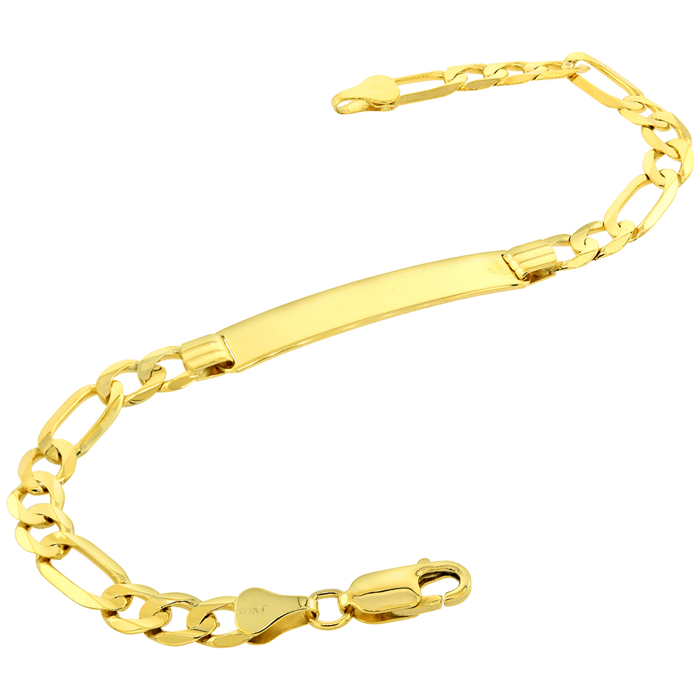 Real 10k Gold 8mm ID Bracelet for Men with 6mm Figaro Link ID Bracelet Solid Engravable 7-8 inch