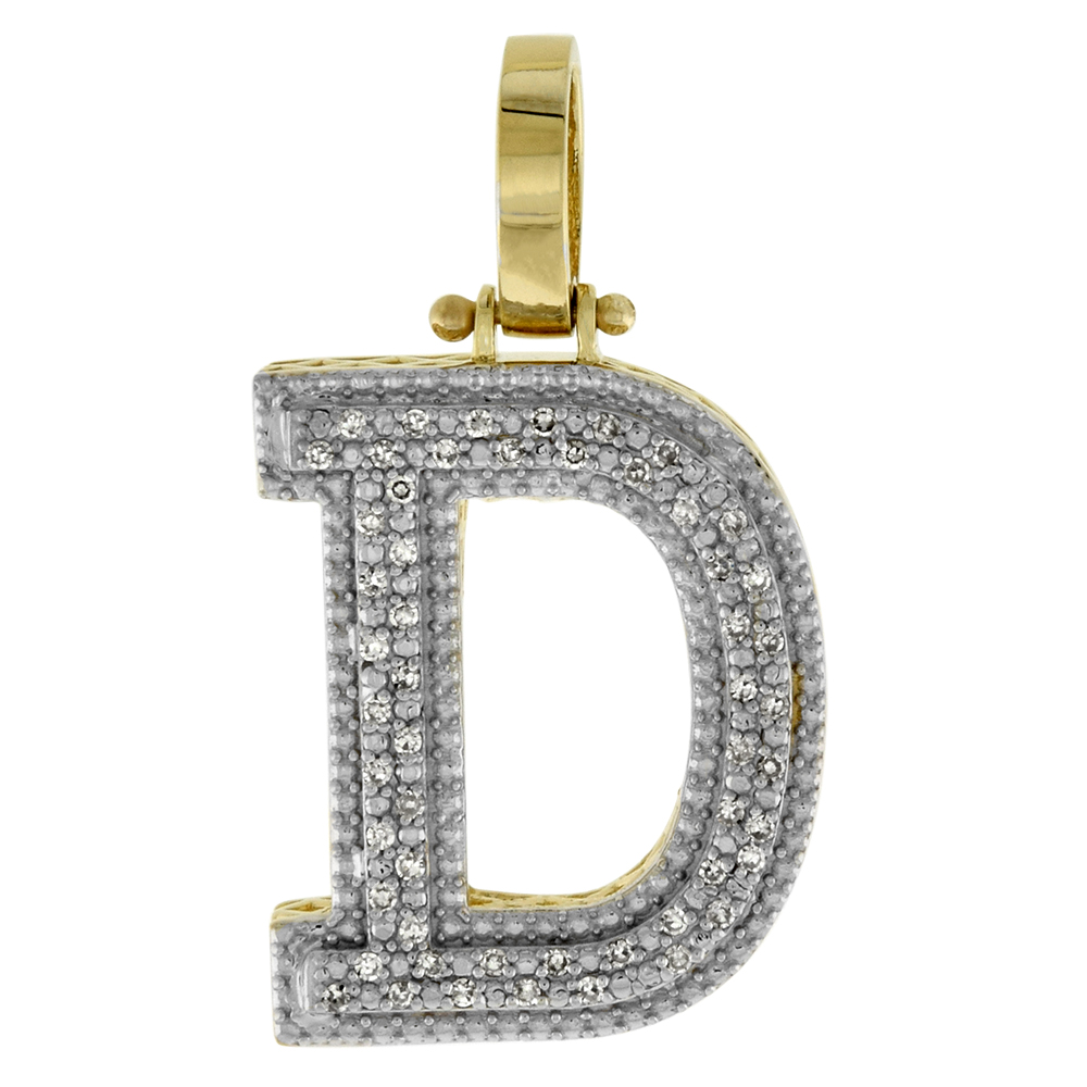 GENUINE 10K YELLOW GOLD DIAMOND BLOCK INITIAL PENDANT D FOR MEN 0.22 CT. 7/8 INCH (22MM) TALL