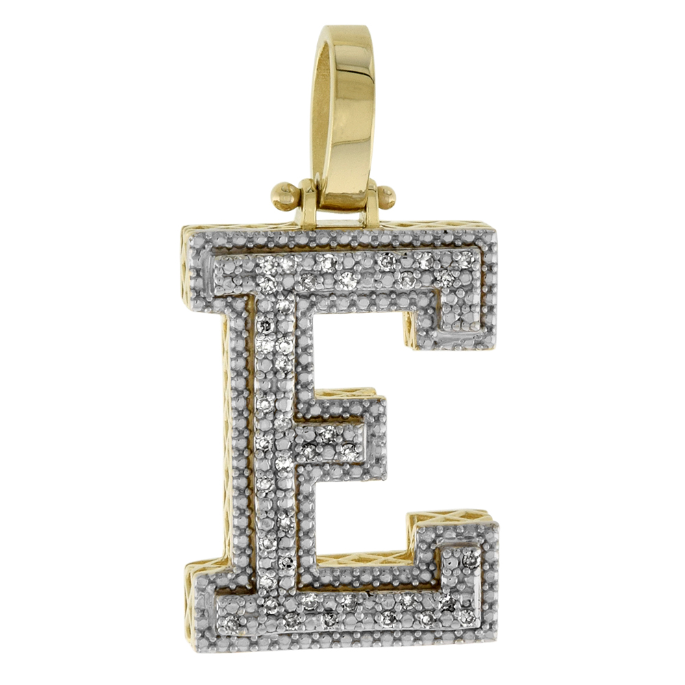 GENUINE 10K YELLOW GOLD DIAMOND BLOCK INITIAL PENDANT E FOR MEN 0.16 CT. 7/8 INCH (22MM) TALL