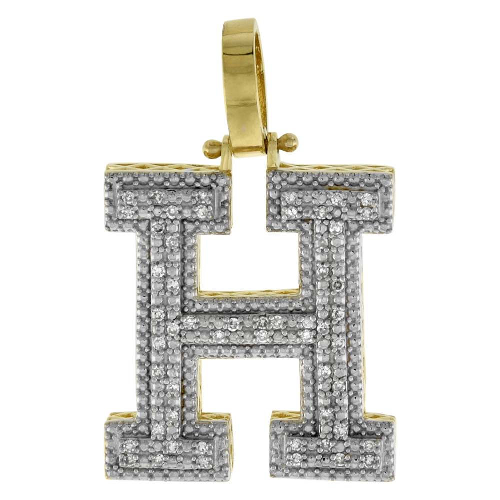 GENUINE 10K YELLOW GOLD DIAMOND BLOCK INITIAL PENDANT H FOR MEN 0.22 CT. 7/8 INCH (22MM) TALL