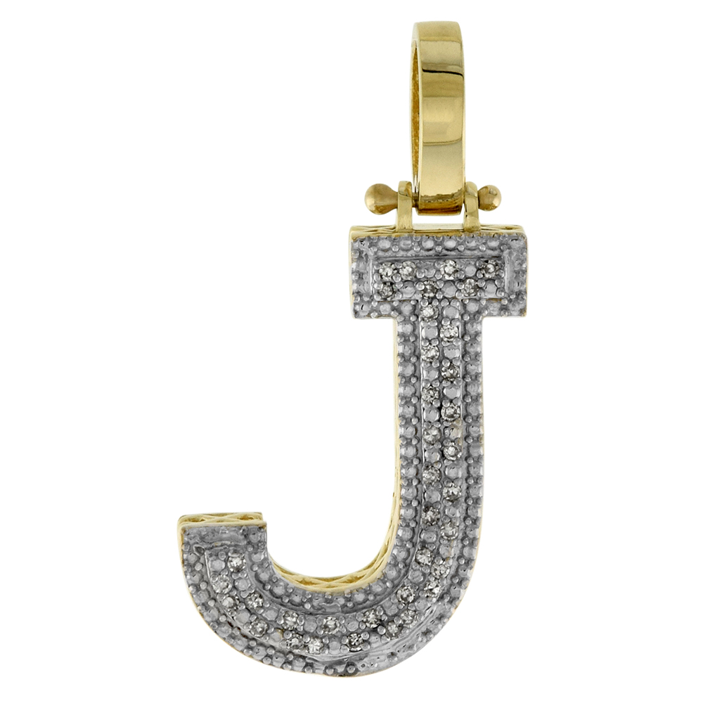 GENUINE 10K YELLOW GOLD DIAMOND BLOCK INITIAL PENDANT J FOR MEN 0.15 CT. 7/8 INCH (22MM) TALL