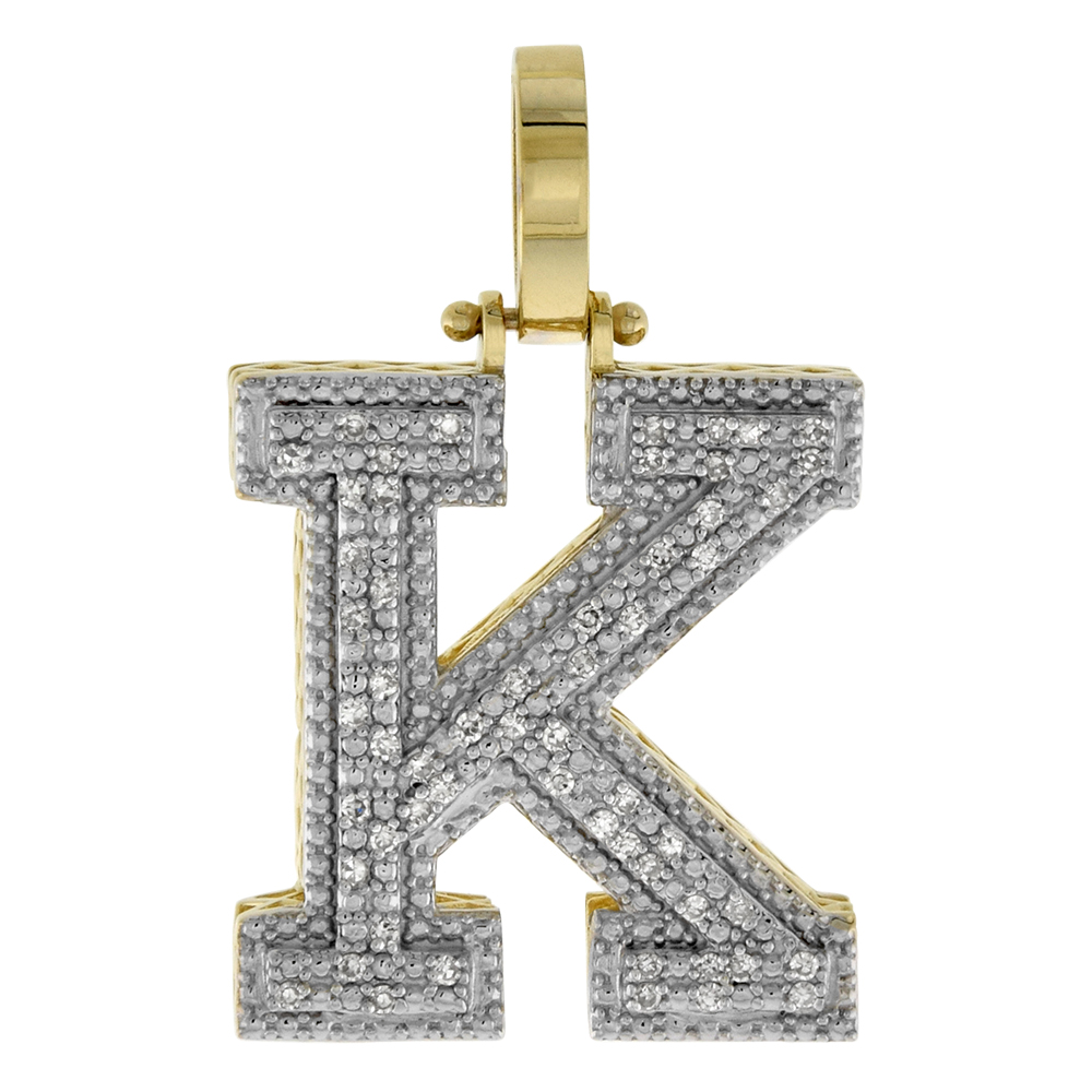 GENUINE 10K YELLOW GOLD DIAMOND BLOCK INITIAL PENDANT K FOR MEN 0.23 CT. 7/8 INCH (22MM) TALL